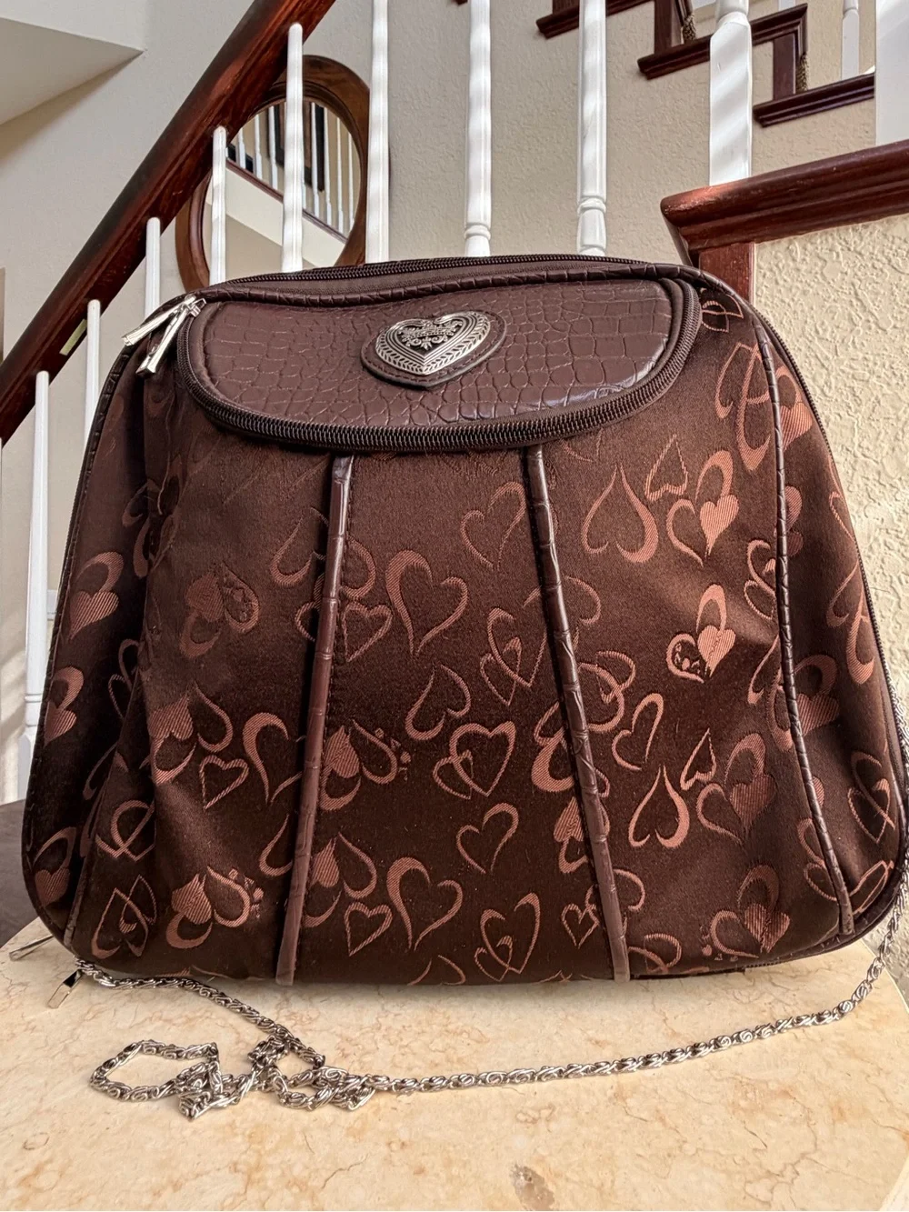 Heart-Accent Brown Women’s Shoulder Bag